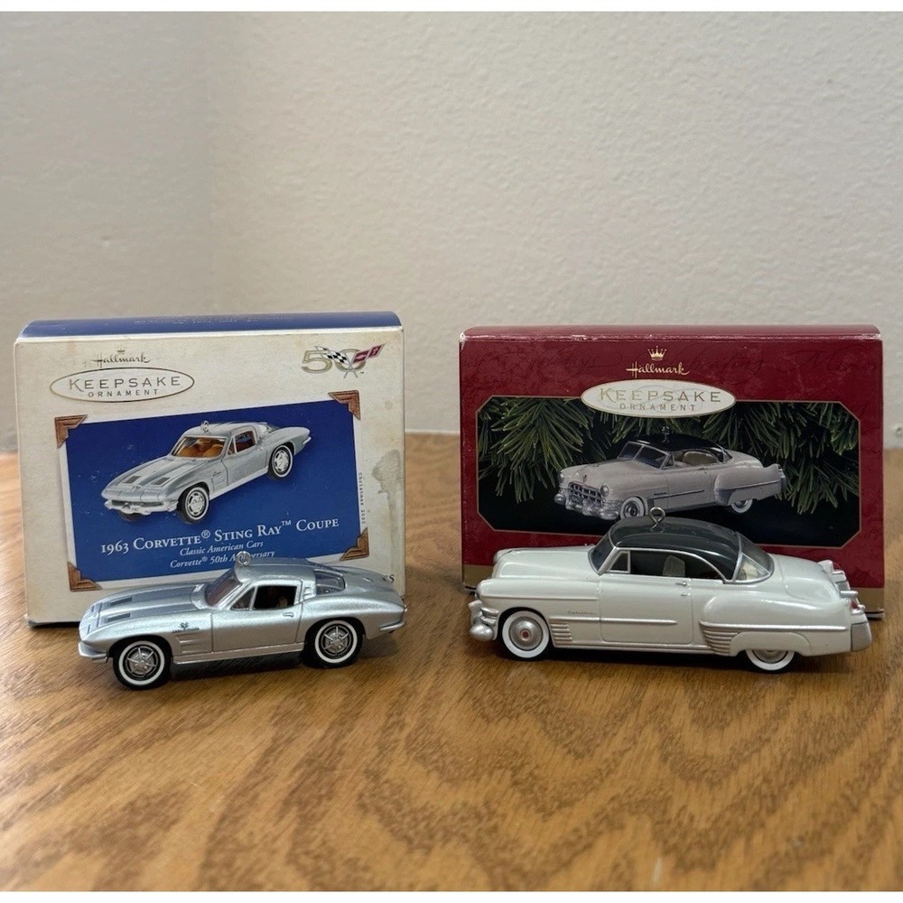 Pair Vintage Hallmark Car Ornaments 1949 Cadillac, 1963 Corvette Sting Ray